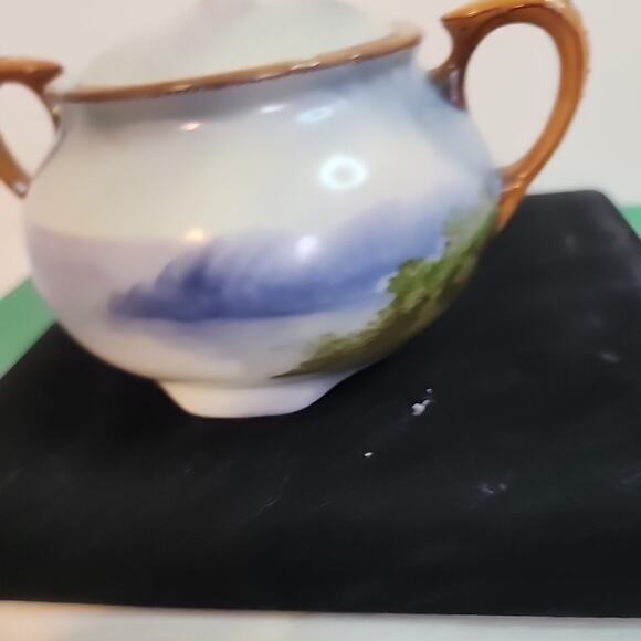 VTG Morimura Noritake Moriage Sugar Bowl Windmill Trees Water Blue White Lid - Picture 6 of 12